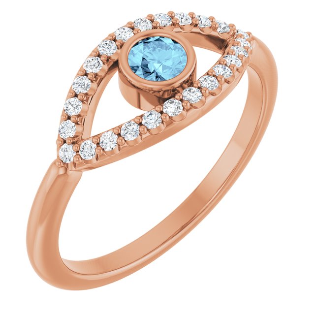 14K Rose Natural Aquamarine & Natural White Sapphire Evil Eye Ring