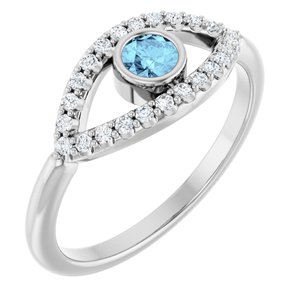 14K White Natural Aquamarine & Natural White Sapphire Evil Eye Ring