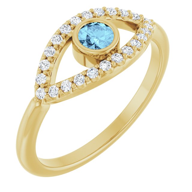 14K Yellow Natural Aquamarine & Natural White Sapphire Evil Eye Ring