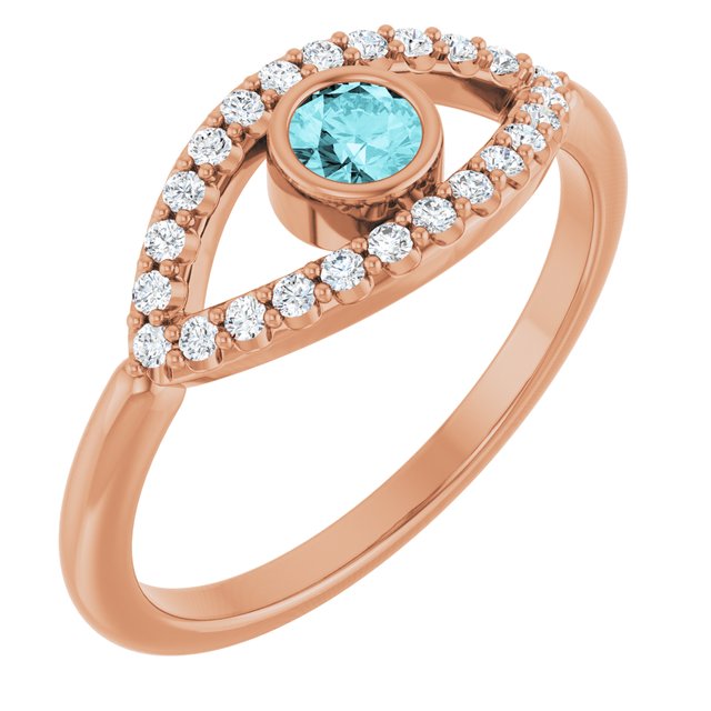 14K Rose Natural Blue Zircon & Natural White Sapphire Evil Eye Ring