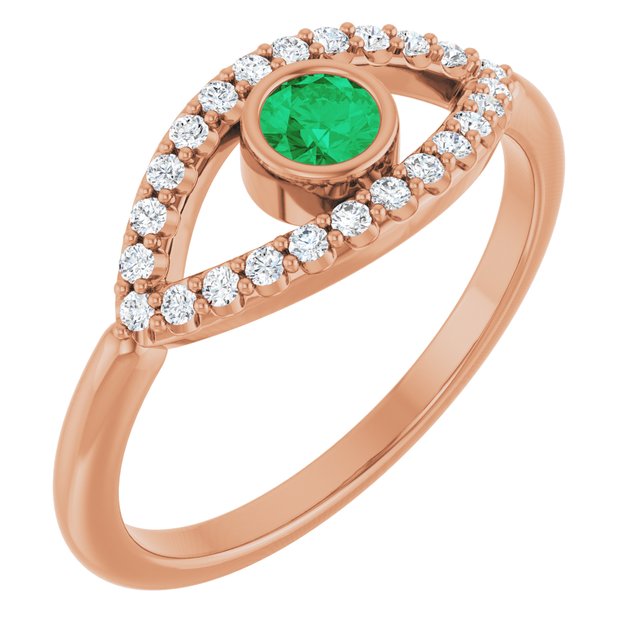 14K Rose Natural Emerald & Natural White Sapphire Evil Eye Ring