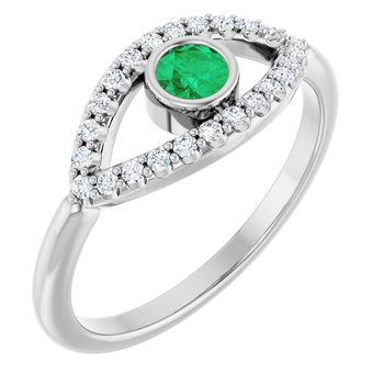 14K White Chatham Created Emerald and White Sapphire Evil Eye Ring Ref 15153662