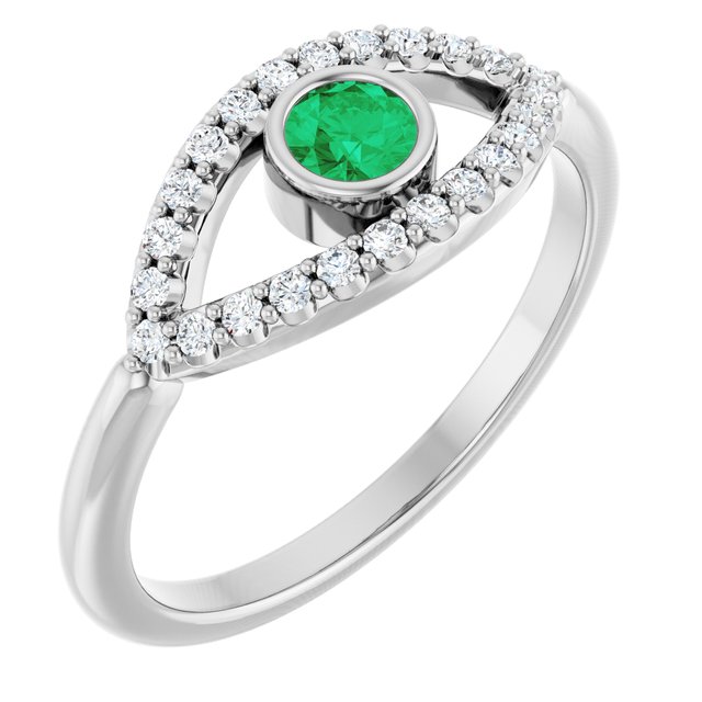 Sterling Silver Natural Emerald & Natural White Sapphire Evil Eye Ring