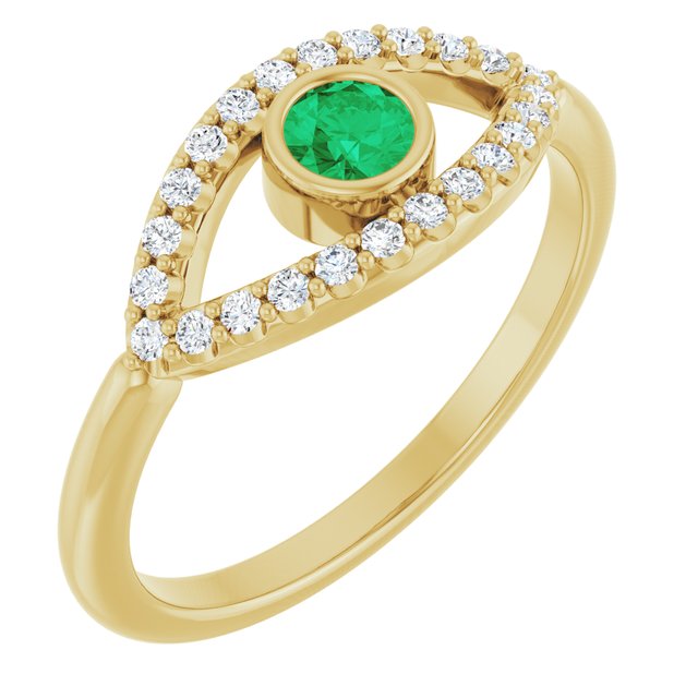 14K Yellow Natural Emerald & Natural White Sapphire Evil Eye Ring