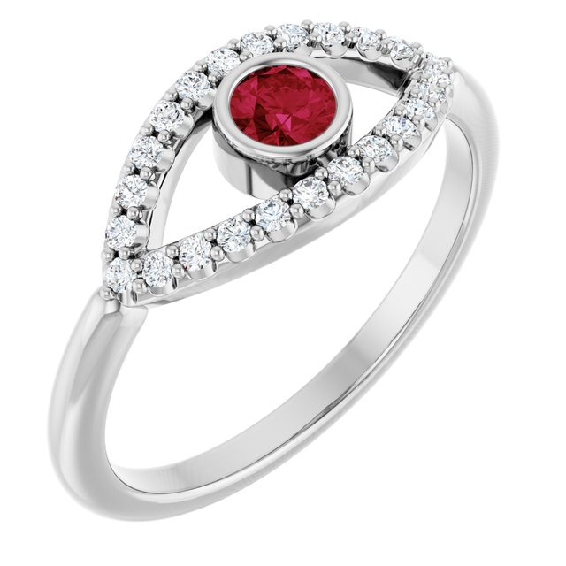 14K White Natural Ruby & Natural White Sapphire Evil Eye Ring