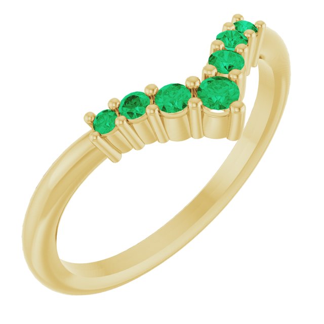 14K Yellow Natural Emerald Graduated V Ring