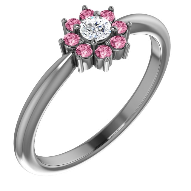 14K Rose Natural Pink Tourmaline & .06 CT Natural Diamond Flower Ring