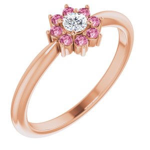 14K Rose Natural Pink Tourmaline & .06 CT Natural Diamond Flower Ring