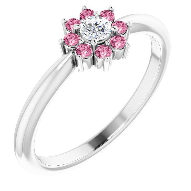 Platinum Natural Pink Tourmaline & .06 CT Natural Diamond Flower Ring