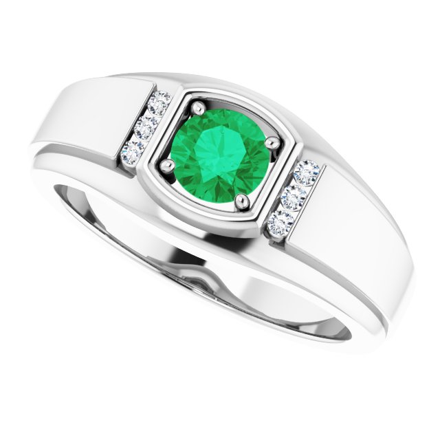 14K White  Natural Emerald & .08 CTW Natural Diamond Ring