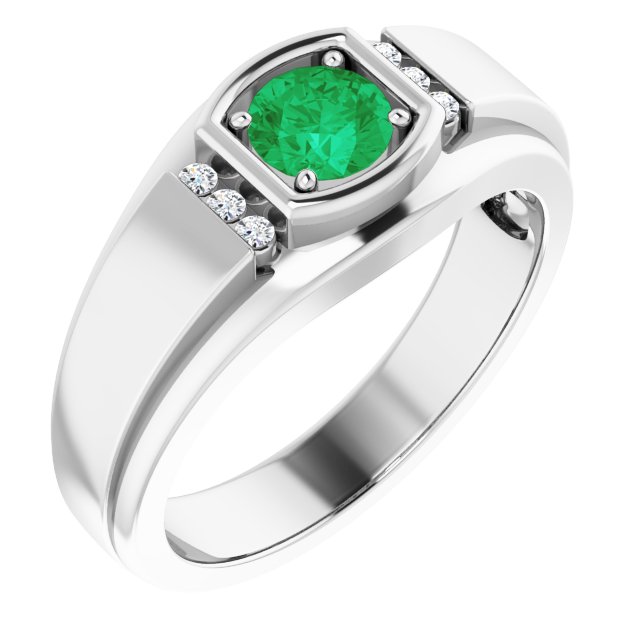 14K White  Natural Emerald & .08 CTW Natural Diamond Ring