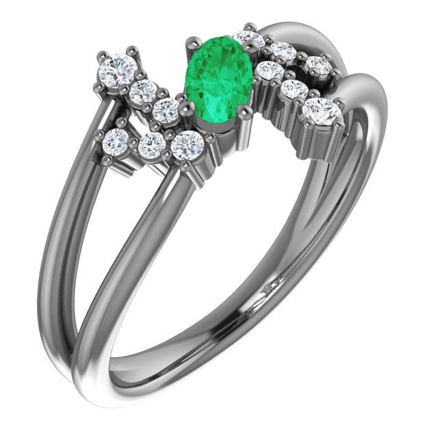 14K White Natural Emerald & 1/8 CTW Natural Diamond Bypass Ring
