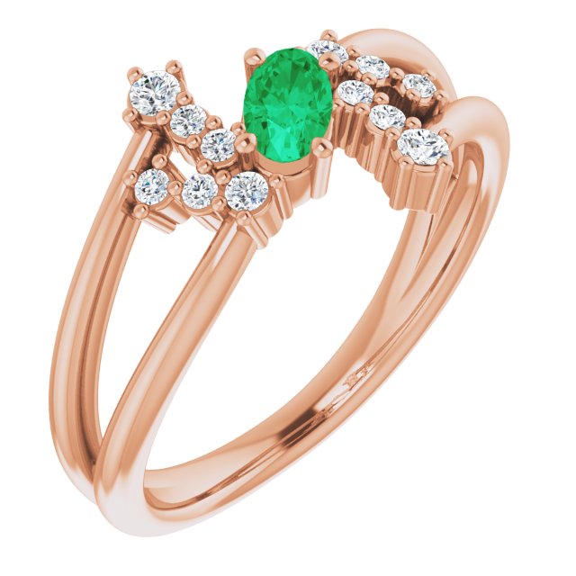 14K Rose Natural Emerald & 1/8 CTW Natural Diamond Bypass Ring