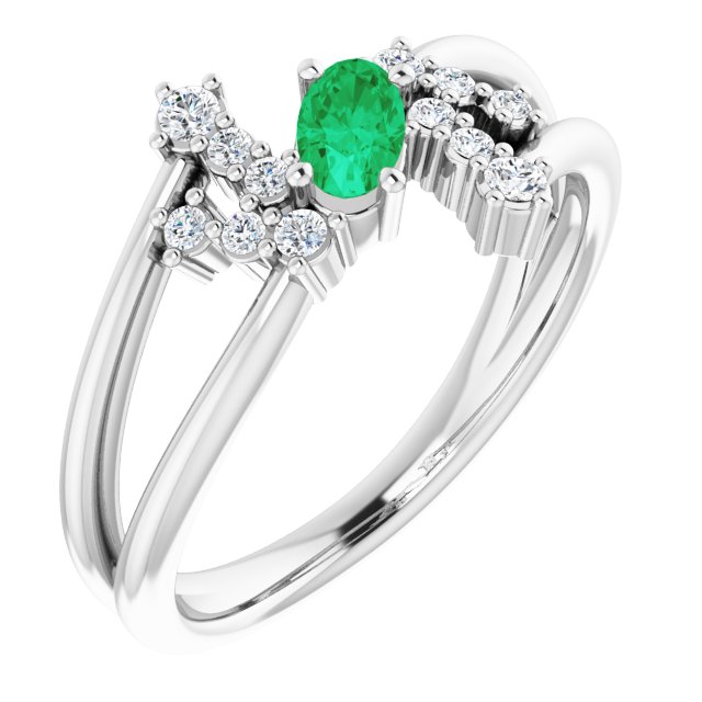 14K White Natural Emerald & 1/8 CTW Natural Diamond Bypass Ring