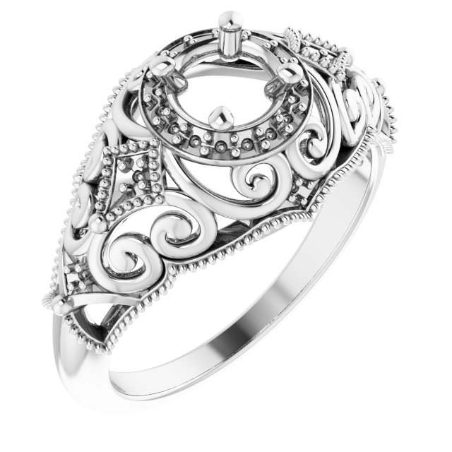 14K White 5.2 mm Round 1/10 CTW Natural Diamond Semi-Set Vintage-Inspired Engagement Ring