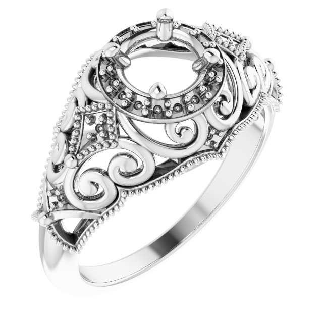 14K White 5.8 mm Round 1/10 CTW Natural Diamond Semi-Set Vintage-Inspired Engagement Ring