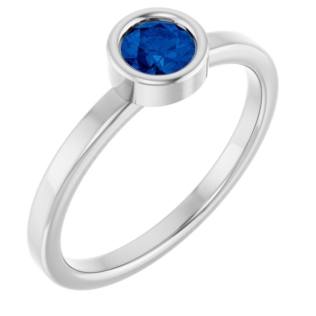 Rhodium-Plated Sterling Silver 4.5 mm Lab-Grown Blue Sapphire Ring