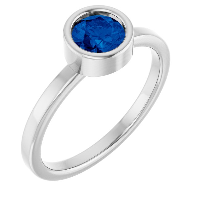 Rhodium-Plated Sterling Silver 5.5 mm Lab-Grown Blue Sapphire Ring