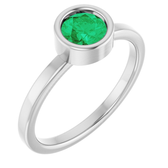 Rhodium-Plated Sterling Silver 5.5 mm Lab-Grown Emerald Ring