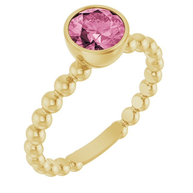14K Yellow Natural Pink Tourmaline Family Beaded Stackable Ring