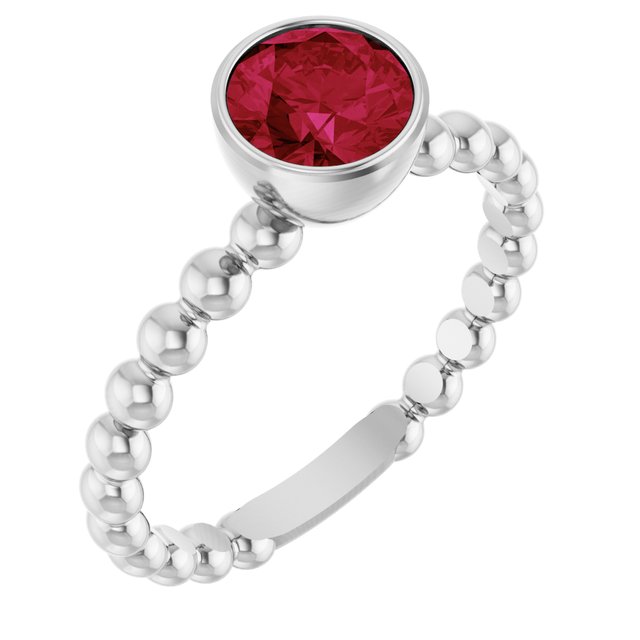 14K White Lab-Grown Ruby Family Beaded Stackable Ring 