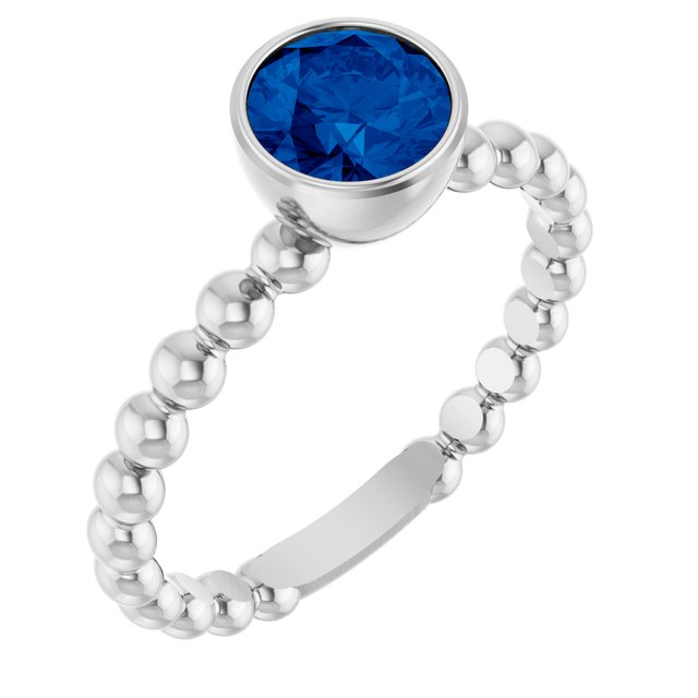 14K White Lab-Grown Blue Sapphire Family Beaded Stackable Ring 