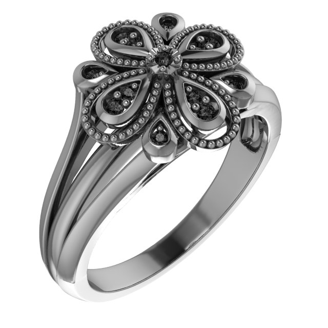 Sterling Silver Black Spinel Floral Inspired Ring Ref 3904388