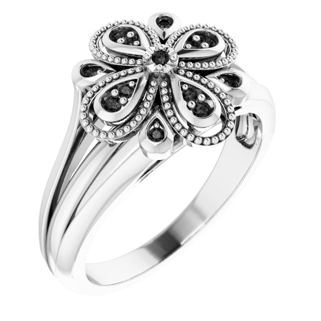 Sterling Silver Natural Black Spinel Floral Ring