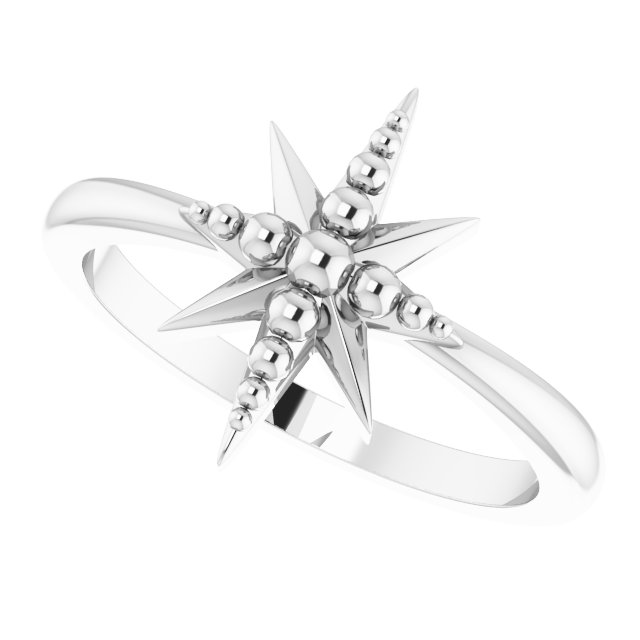 14K White Beaded Star Ring