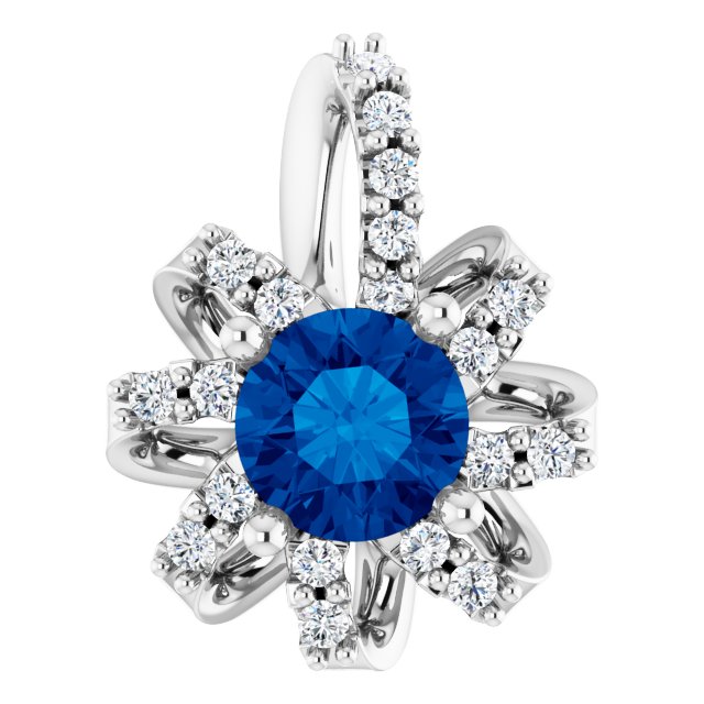 14K White Natural Blue Sapphire & .07 CTW Natural Diamond Halo-Style Pendant