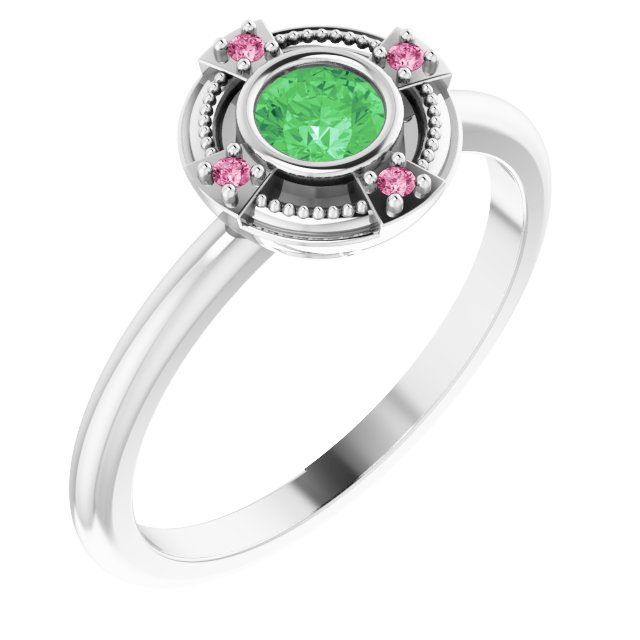 14K White Natural Tsavorite Garnet & Natural Pink Tourmaline Compass Ring