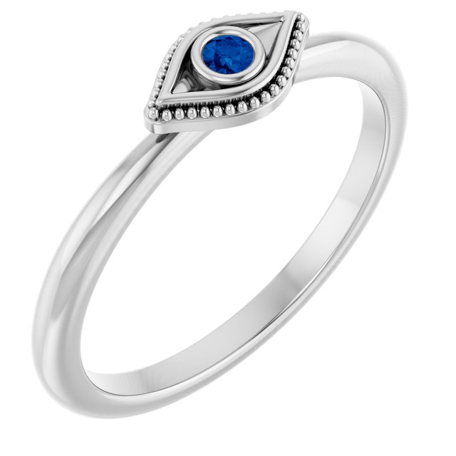 14K White Natural Blue Sapphire Stackable Evil Eye Ring
