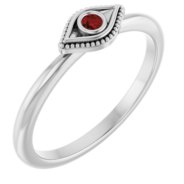 Sterling Silver Natural Mozambique Garnet Stackable Evil Eye Ring