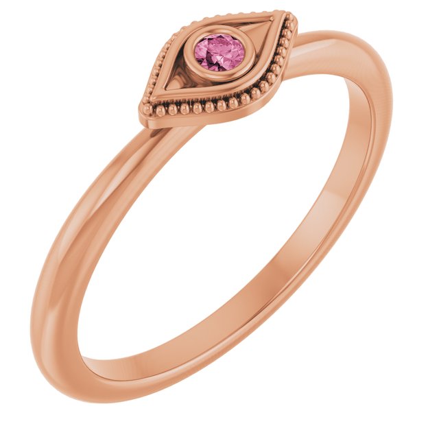 14K Rose Natural Pink Tourmaline Stackable Evil Eye Ring