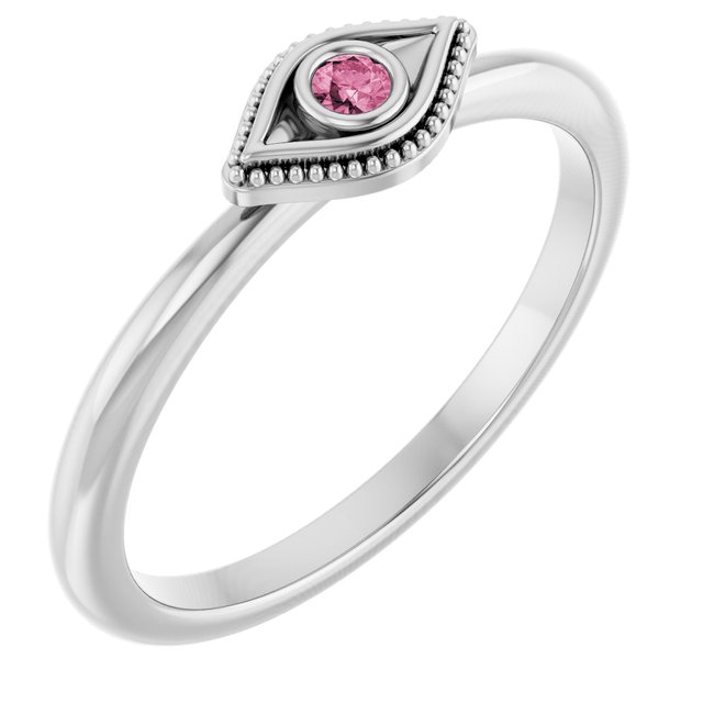 Sterling Silver Natural Pink Tourmaline Stackable Evil Eye Ring