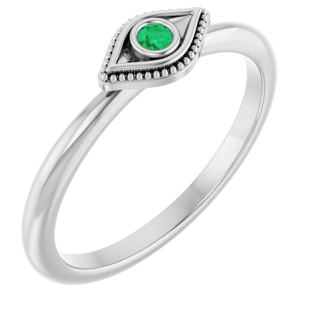 14K White Natural Emerald Stackable Evil Eye Ring