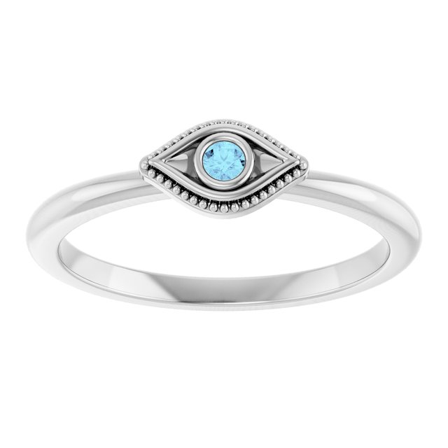 14K White Natural Aquamarine Stackable Evil Eye Ring