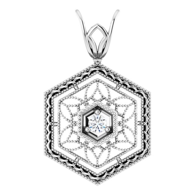 14K White .03 CT Natural Diamond Filigree Pendant