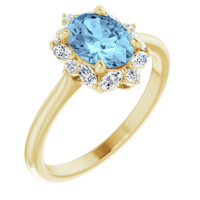 14K Yellow Natural Aquamarine & 1/3 CTW Natural Diamond Halo-Style Ring