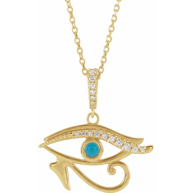 14K Yellow Natural Turquoise & .08 CTW Natural Diamond Eye of Horus 16-18