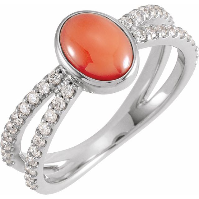 Sterling Silver Natural Pink Coral & 3/8 CTW Natural Diamond Ring