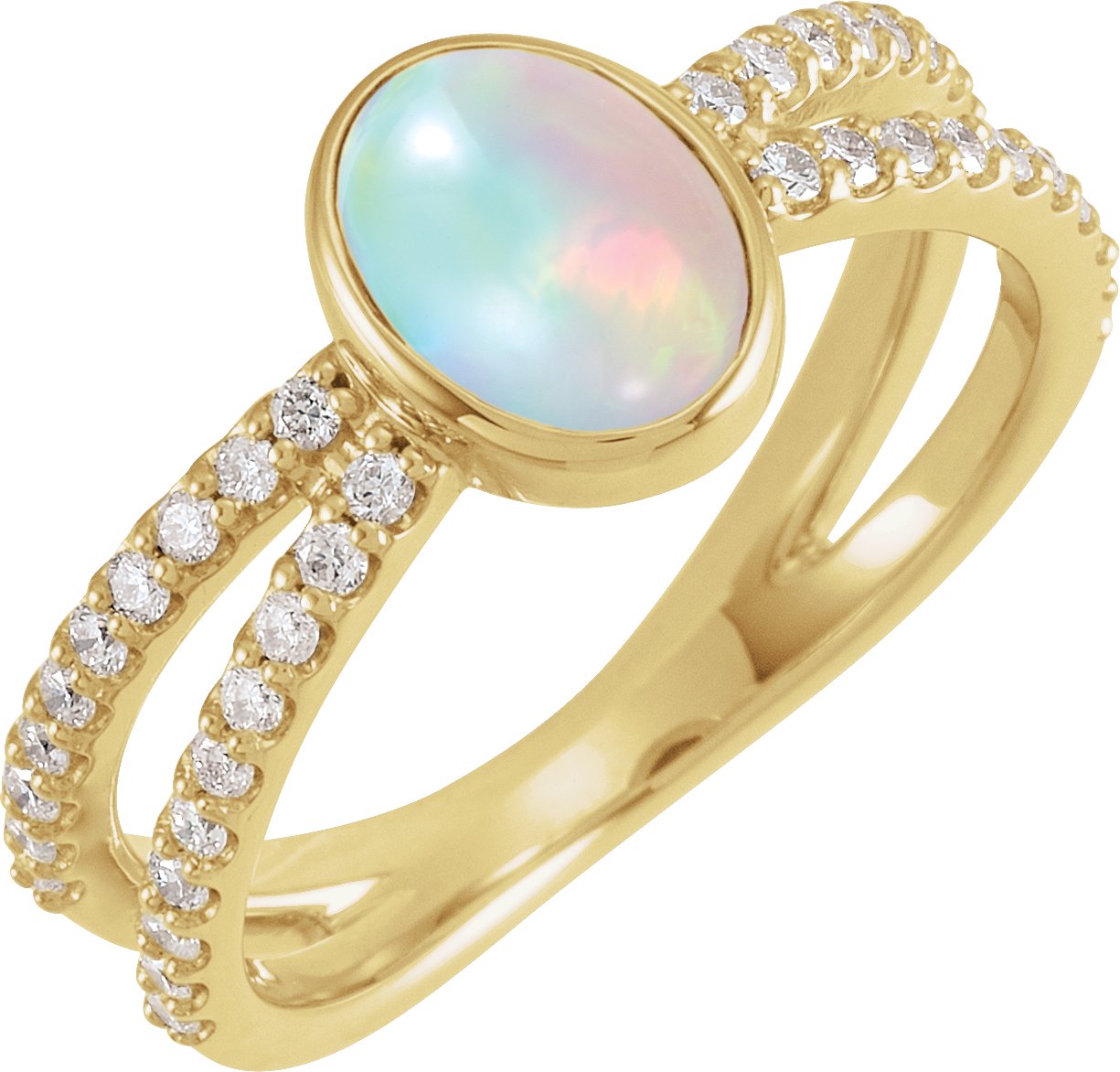 14K Yellow Natural White Ethiopian Opal & 3/8 CTW Natural Diamond Ring