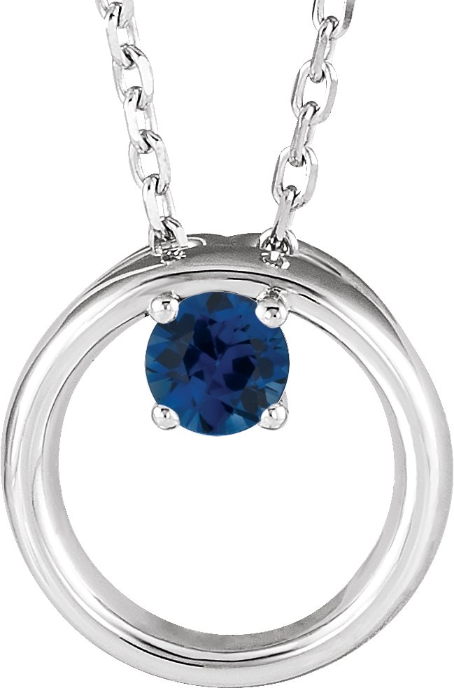 14K White Natural Blue Sapphire Circle 16-18" Necklace