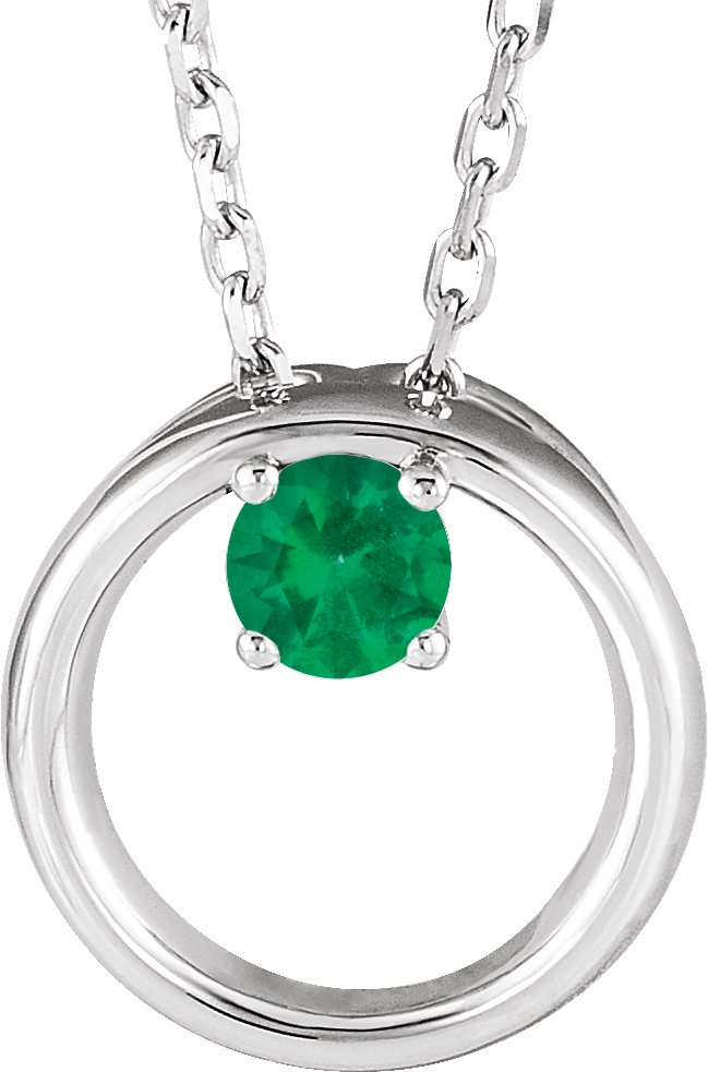 14K White Natural Emerald Circle 16-18" Necklace