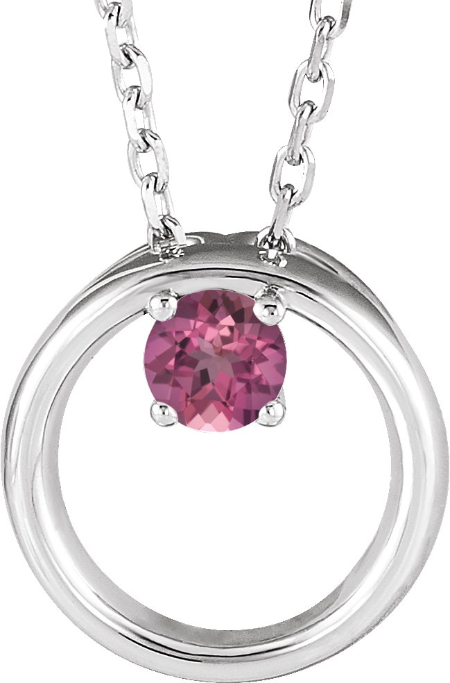 14K White Natural Pink Tourmaline Circle 16-18" Necklace