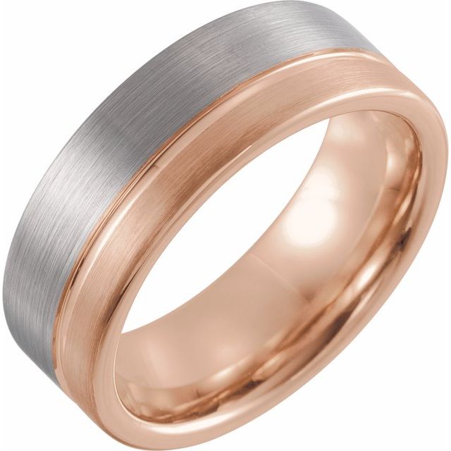 18K Rose Gold PVD Tungsten 8 mm Grooved Size 10 Band with Satin Finish