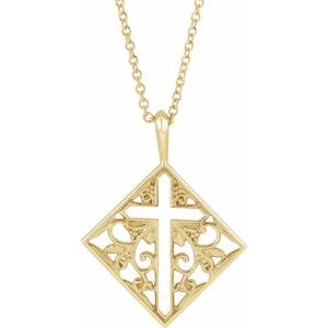 14K Yellow Ornate Pierced Cross 16-18" Necklace