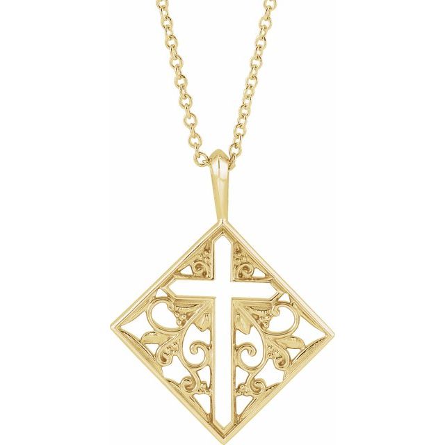 14K Yellow Ornate Pierced Cross 16-18" Necklace