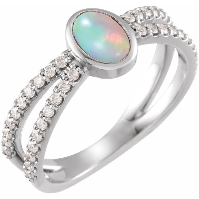 Sterling Silver Natural White Ethiopian Opal & 3/8 CTW Natural Diamond Ring