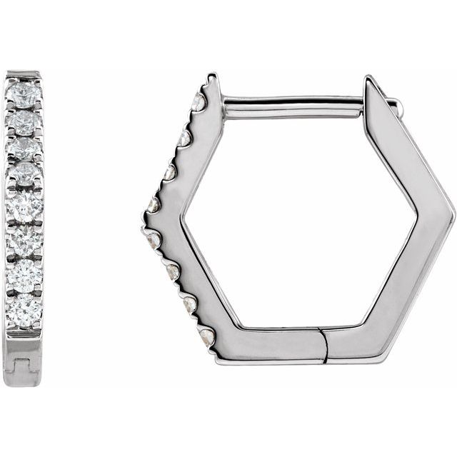14K White 1/8 CTW Diamond Geometric Hinged Huggie Earrings